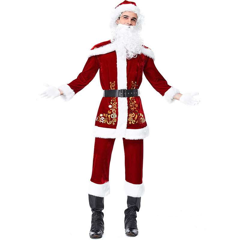 Costume de noël pour homme et femme, tenue Cosplay pour adulte, chapeau + veste + pantalon + barbe