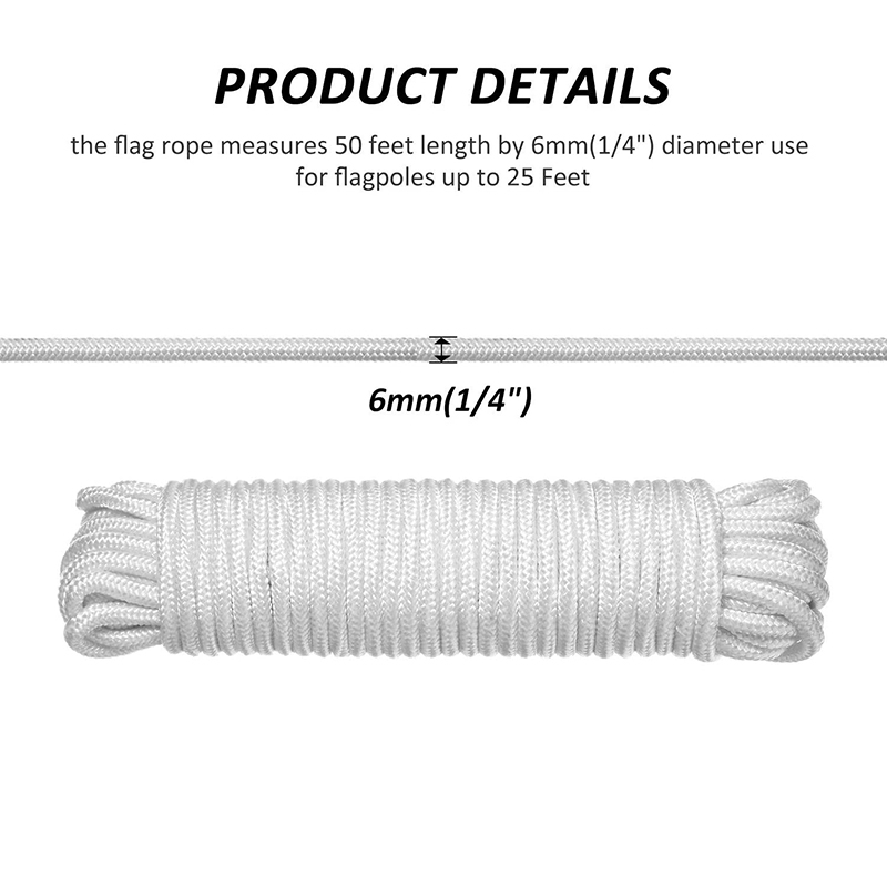 JFBL Flagpole Rope Clips String Flag Pole Hooks Kit 1/4 Inch 50 Ft Nylon Replacement Thick Wire Hang Flag Flagpoles Line