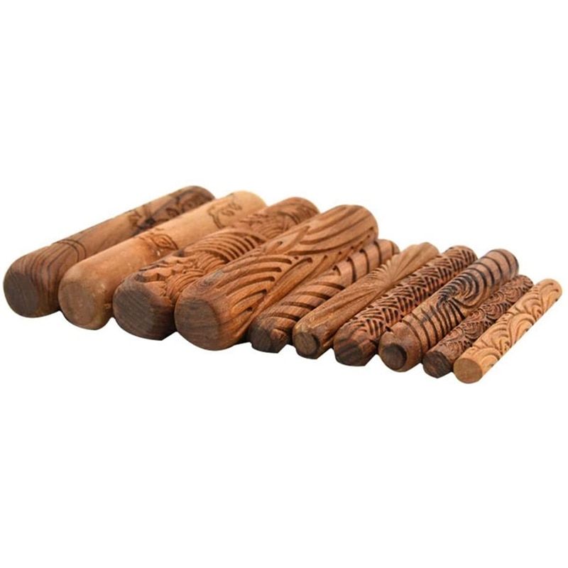 Aardewerk Gereedschap, Houten Handvat Rollen Klei Modeling Patroon Rollers Kit Aardewerk Gereedschap Set Met Diverse Patronen 10Pcs: Default Title