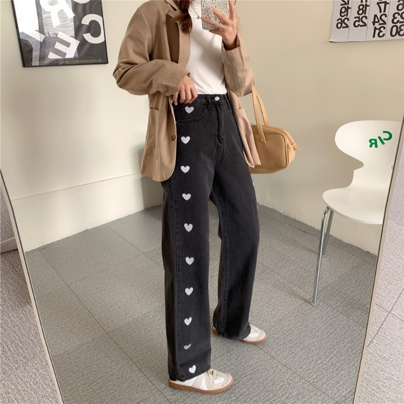 Jean Vintage imprimé en forme de cœur pour femme, pantalon en Denim, à jambes larges, droit, ample, à la , Y2K, Harajuku, automne hiver