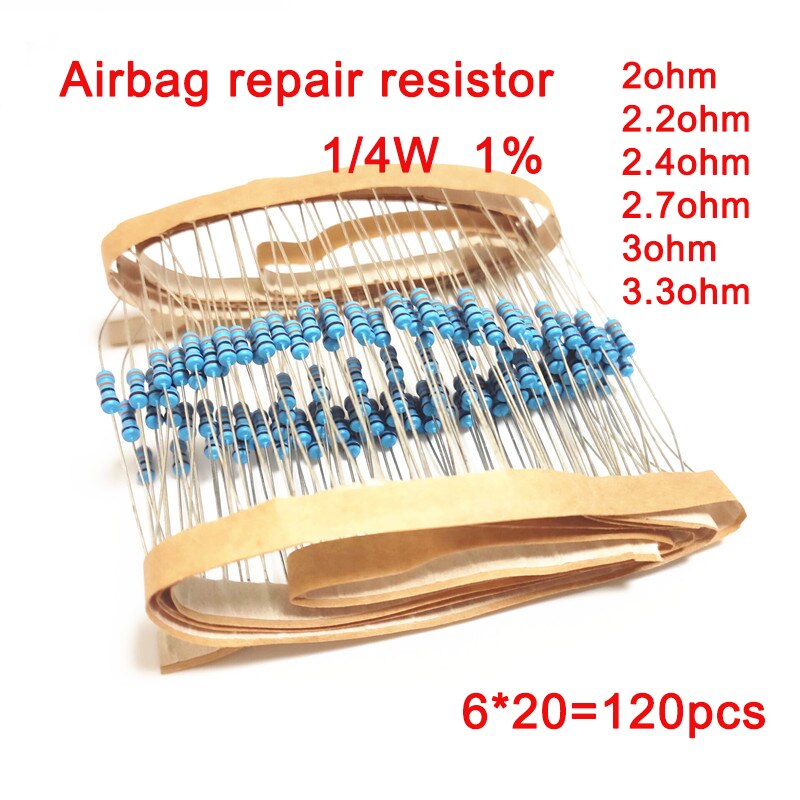 Resistencia de película metálica para reparación de Airbag de coche, 1/4W, 1%, 2ohm, 2,2 ohm, 2,7 ohm, 3Ohm, 3,3 ohm, 6 tipos de kit electrónico