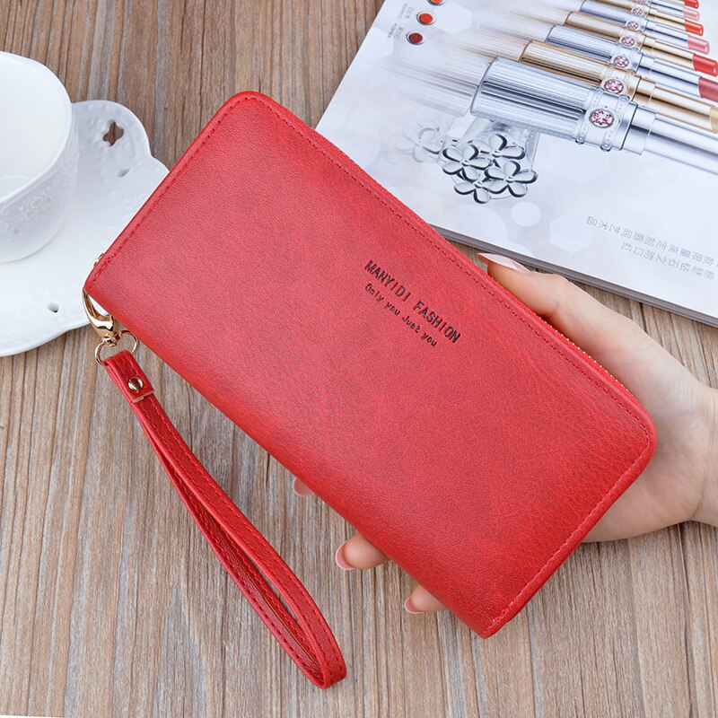 Large Capacity Women's Long Soft Leather Wallet Zipper Clutch Ladies Simple Retro Mother Mobile Phone Bag Standard Wallets: Red