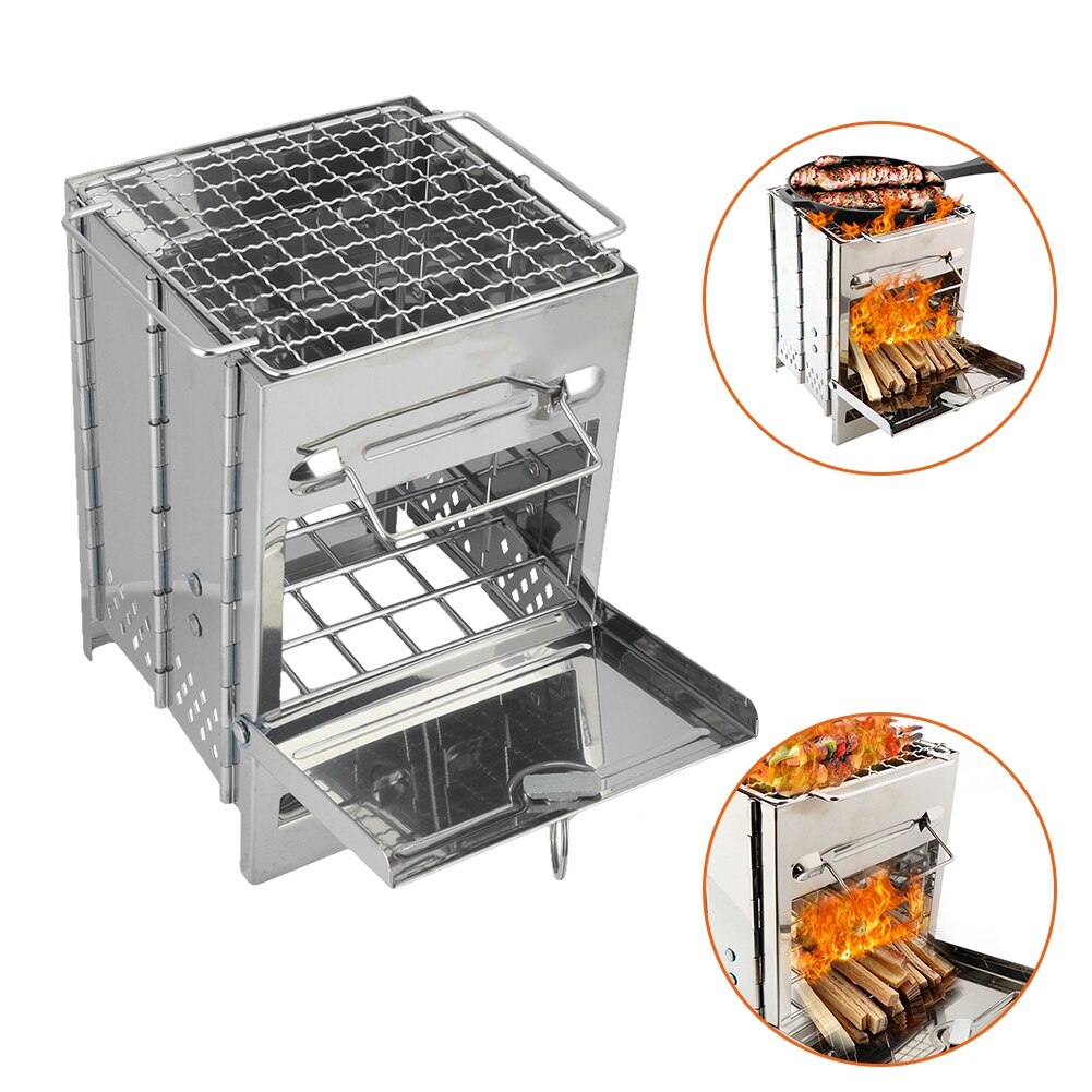 Portable Outdoor Camping Wood Stove Folding Stainless Steel Wood Burning Stove Square Camping Stove Wood Burner Picnic Cooking