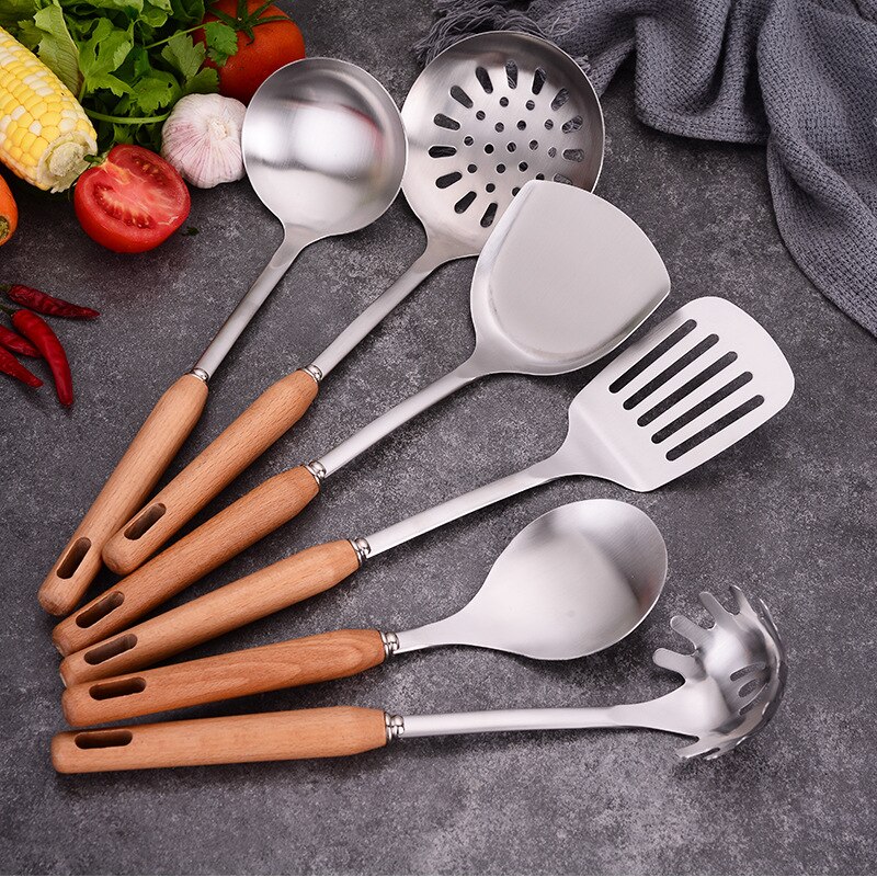 Utensilios de cocina de madera resistentes al calor, utensilios de cocina, cuchara de acero inoxidable para sopa, utensilios de cocina, espátula, cuchara, colador, herramienta de cocina
