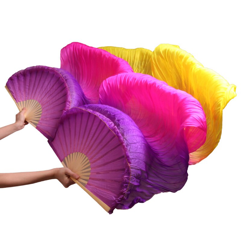 1 par de abanicos del baile, varillas de bambú, accesorios para actuación en escenario de seda Natural, abanicos para danza del vientre, abanicos de seda púrpura + Rosa + amarillo