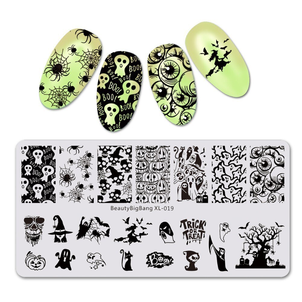 Beautybigbang negle stempling plader halloween edderkop kraniet græskar heks billede nail art skabelon stencil til negle bbb xl -027: 19