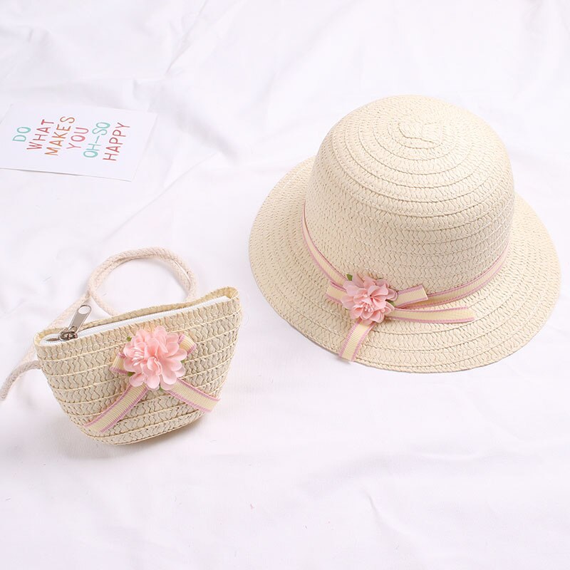 Zomer Baby Bloem Ademend Strohoed Met Handtas Tassen Kids Hoed Jongen Meisjes Zonneklep Uv-bescherming Panama Hoed gorras
