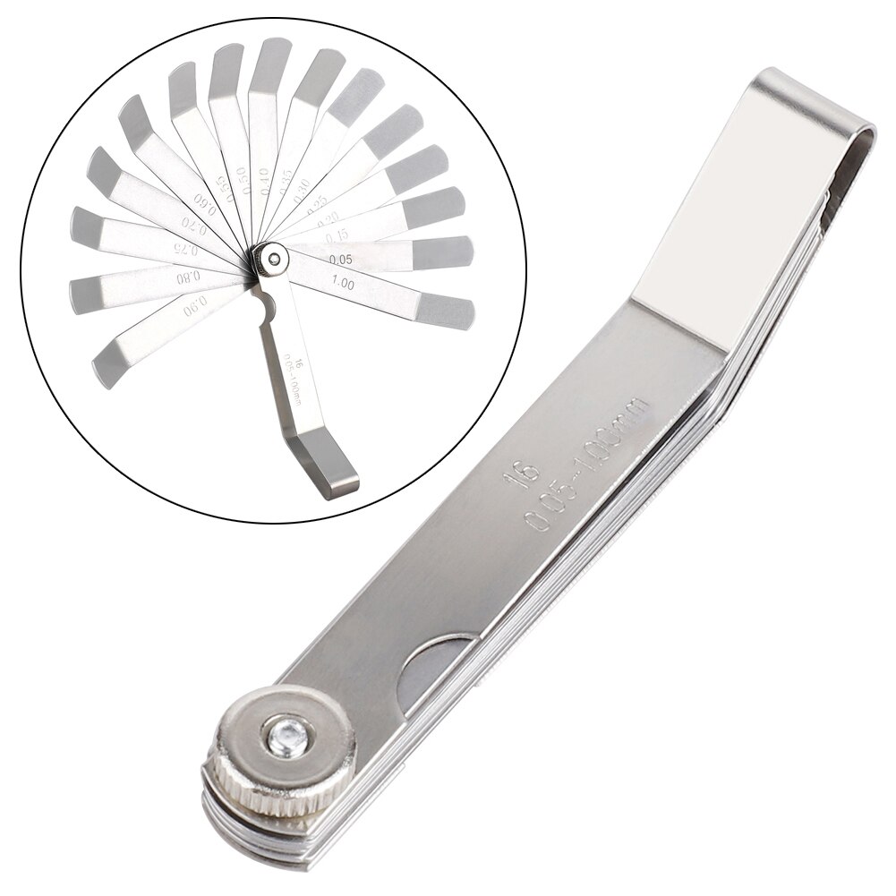 16 blade 0.05 to 1mm tykkelses mellemrum metrisk påfyldningsføler måleblade tændrørsmåleværktøj til følermåler ventil mellemlæg