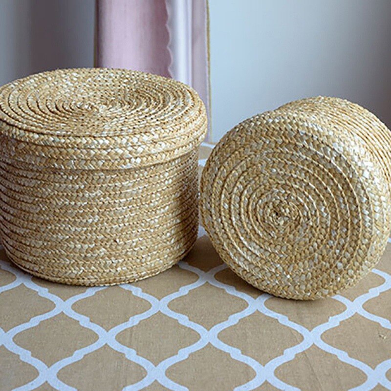 Handmade Straw Woven Storage Basket With Lid Desktop Snack Organizer Sundries Storage Box Laundry Baskets Rattan Flower Basket