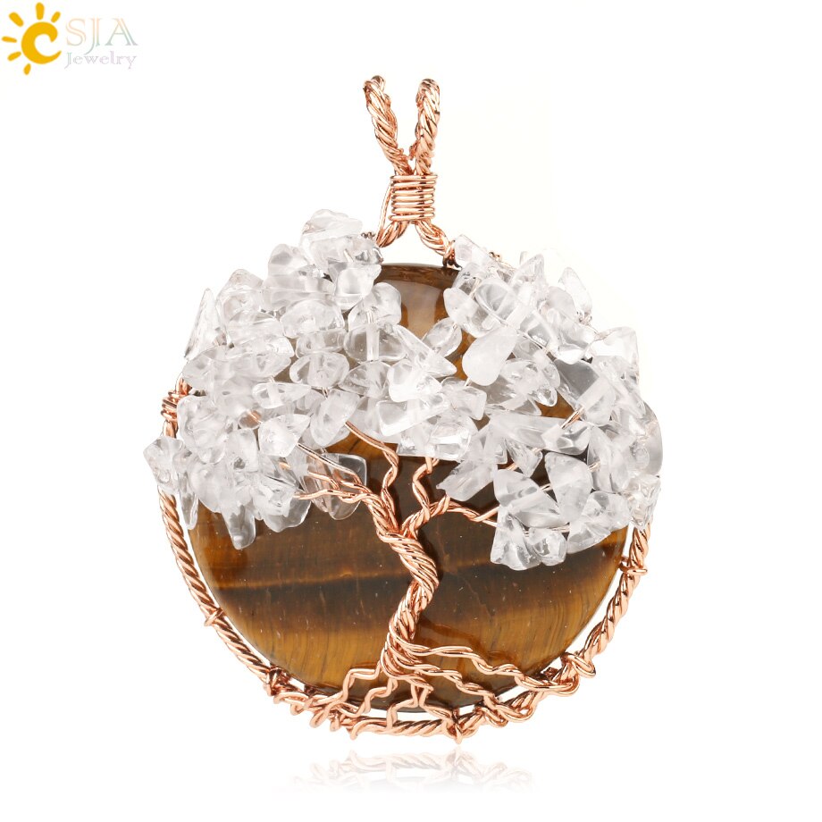 CSJA Natural Cabochon Stone Tree of Life Pendant Rose Gold Color Wire Wrap Chip Bead Wisdom Tree Healing Women Men Necklace G193: Tiger Eye