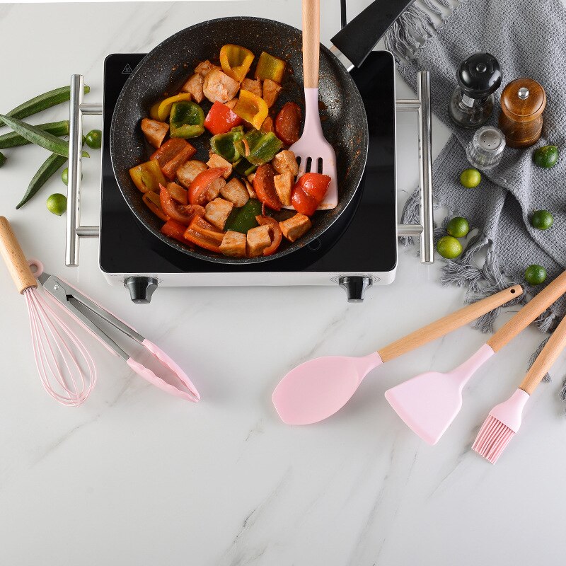 JOYLOVE 11 Uds conjunto de utensilios de cocina de silicona, mango de madera sólida rosa con caja de almacenamiento, Kit de utensilios de cocina accesorios de herramientas de cocina