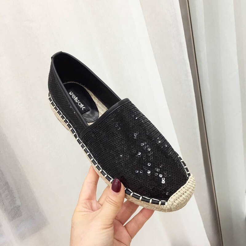 Alpargatas con lentejuelas, mocasines de cáñamo para mujeres, costura concisa, Slip On, punta redonda, mocasines de para mujeres, estilo Casual, Color sólido,