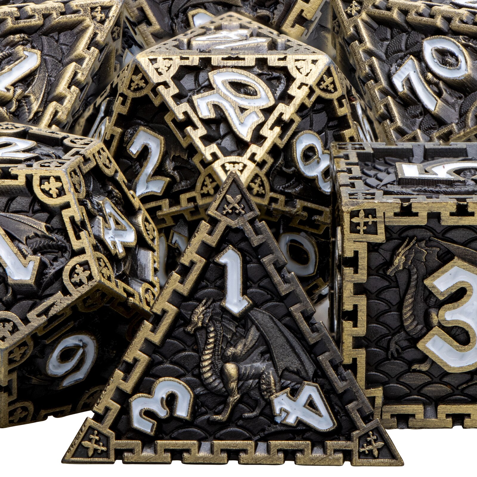 Metal Polyhedral DND Dice Set Dungeon and Dragon D&amp;D Dice for MTG Pathfinder RPG Roll Playing Game D20 D12 D10 D8 D6 D4: Bronze White Numbers