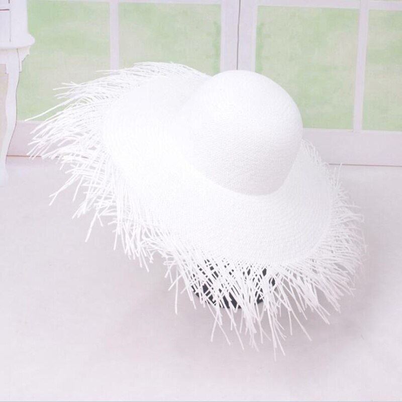 Chapeaux de paille en papier à Large bord raphia, chapeaux de plage, d&#39;été, grand chapeau de soleil en paille H4: white