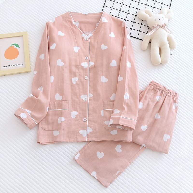 Fdfklak Spring Pajamas Double Gauze Cotton V-Neck Cardigan Lingere Thin With Chest Pad Love Print Sleeping Suits Female: pink / XL