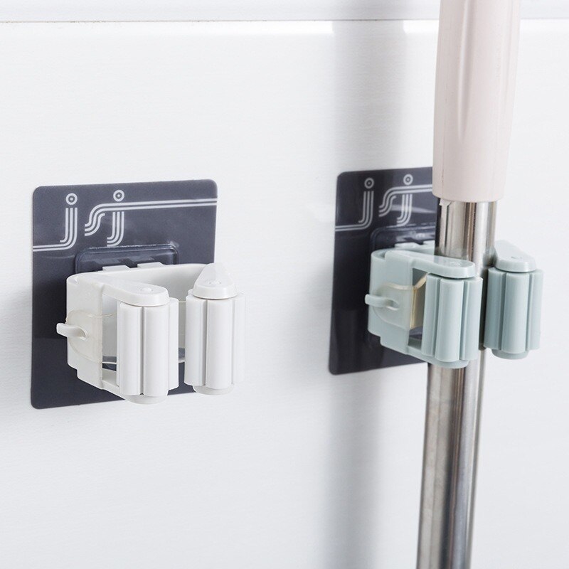 Bathroom no mark stick mop rack wall hanging hole free mop clip nail free hook