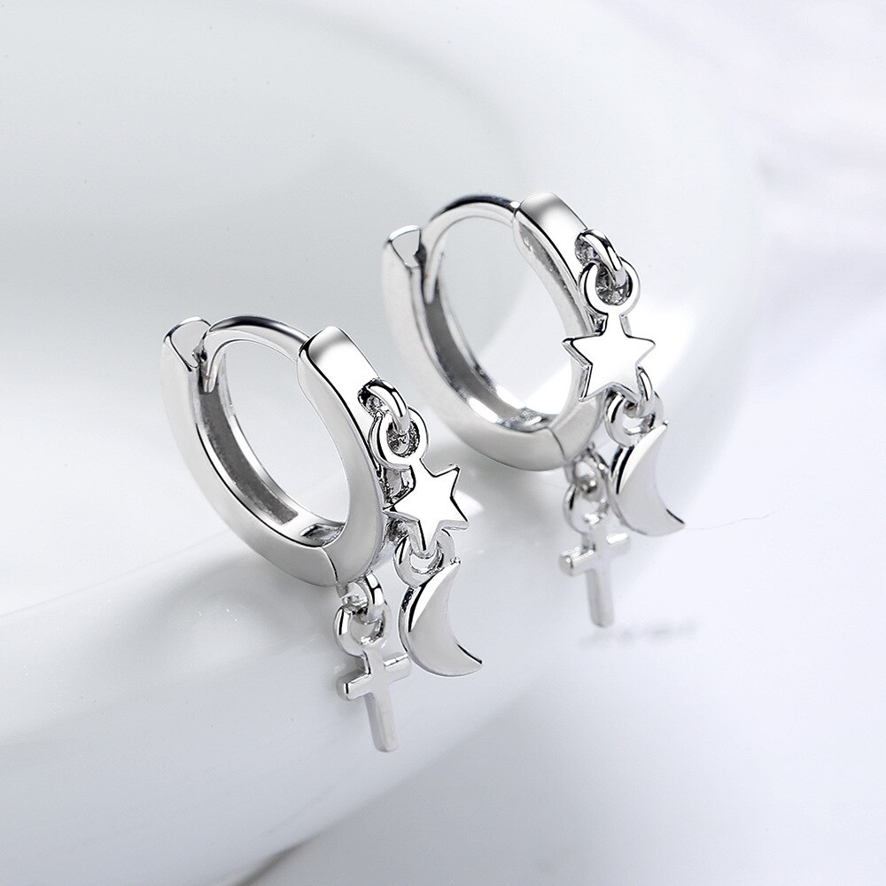 Pendientes sencillos de Plata de Ley 925 para mujer, aretes pequeños con botón de Luna y pequeña estrella, bisutería para hacer una declaración