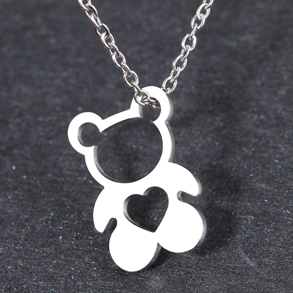 Edelstahl Halsketten Hohl Bär Herz Anhänger Kette Charme Zubehör Halsband Feine Halskette Für Frauen Schmuck Party: Silver