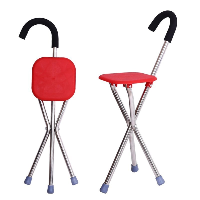 Bastón plegable de aleación de aluminio para exteriores, silla antideslizante para bastón, taburete multifuncional estable y seguro para personas mayores: Rojo