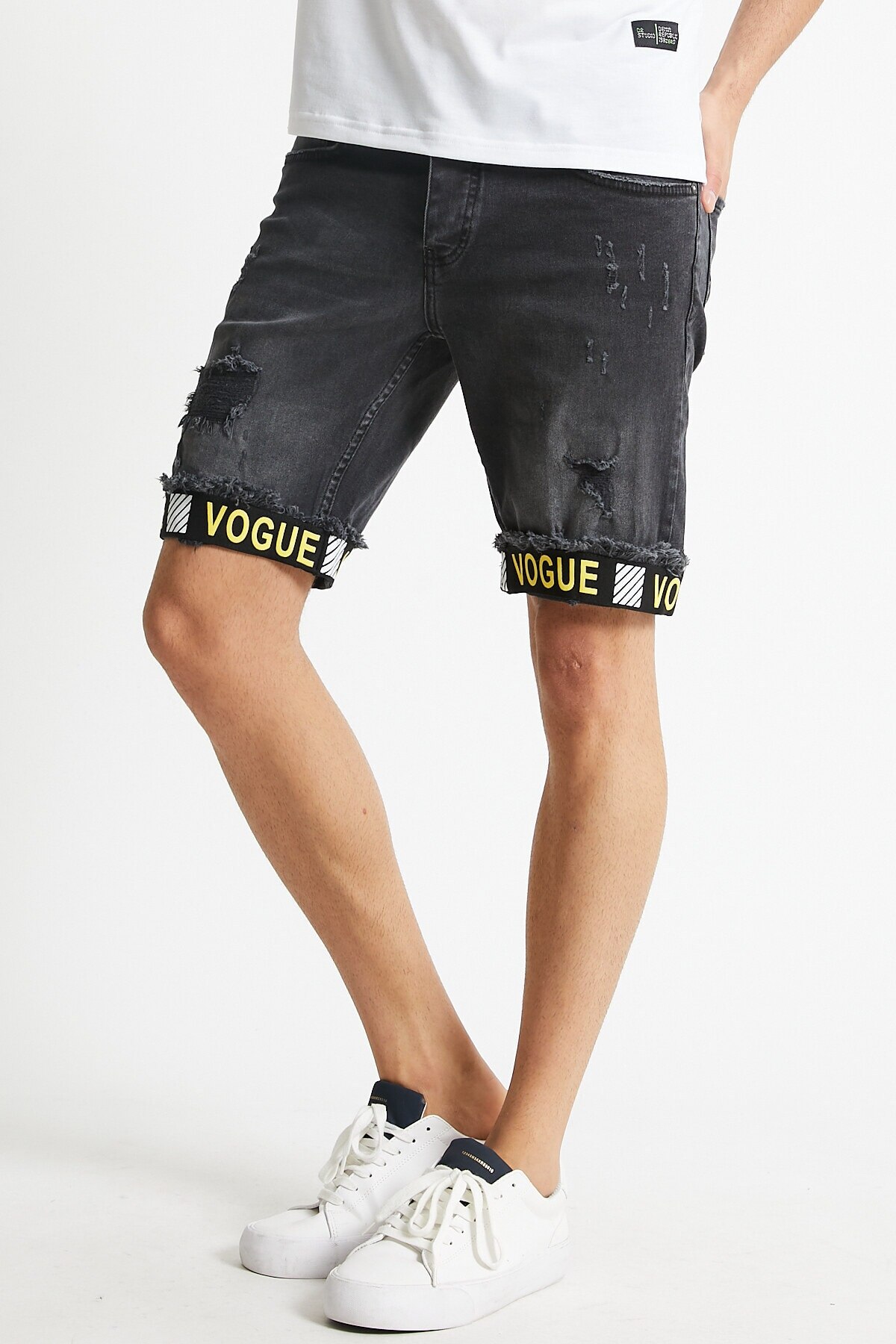 Denim republic heren zwarte gescheurde gedetailleerde shorts jeans capri & bermuda heren gescheurde losse rechte jeans korte hiphop
