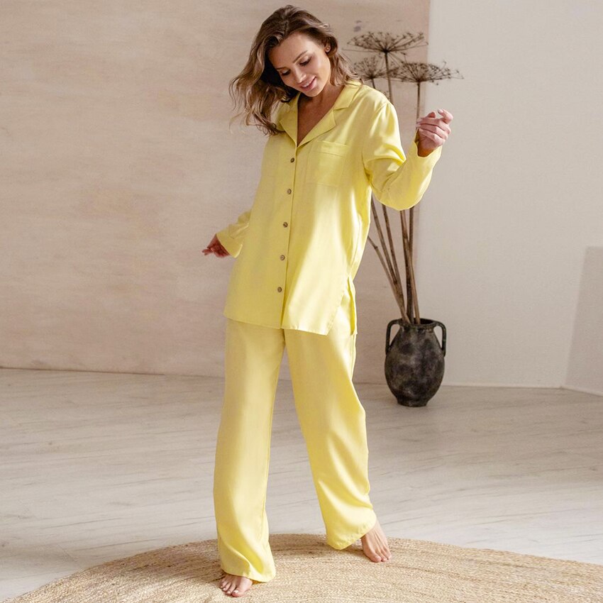 Hiloc Yellow Pajamas For Women Nightwear Single Breasted Trouser Suits Pocket Sleepwear 2 Pieces Female Set Pajama 2022 Spring