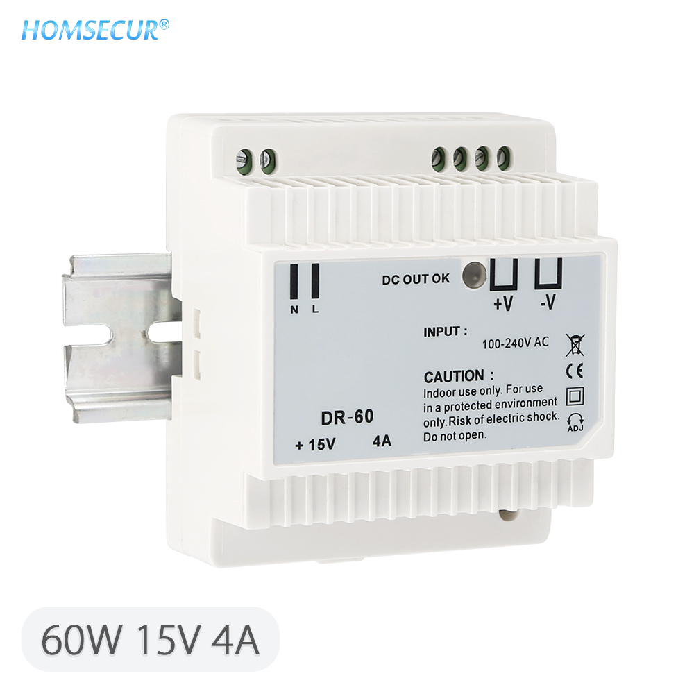 HOMSECUR 15V 30W/60W/90W/120W/150W Din Rail Single Output Switching Power Supply For Video Door Intercom System: DR-60-15