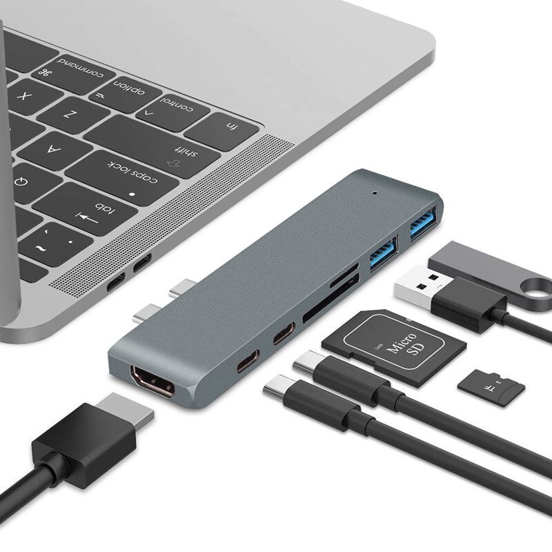 Multi Hub USB type-c Portable 7 en 1, adaptateur de lecteur de carte SD TF, séparateur USB C pour MacBook Pro , station d'accueil