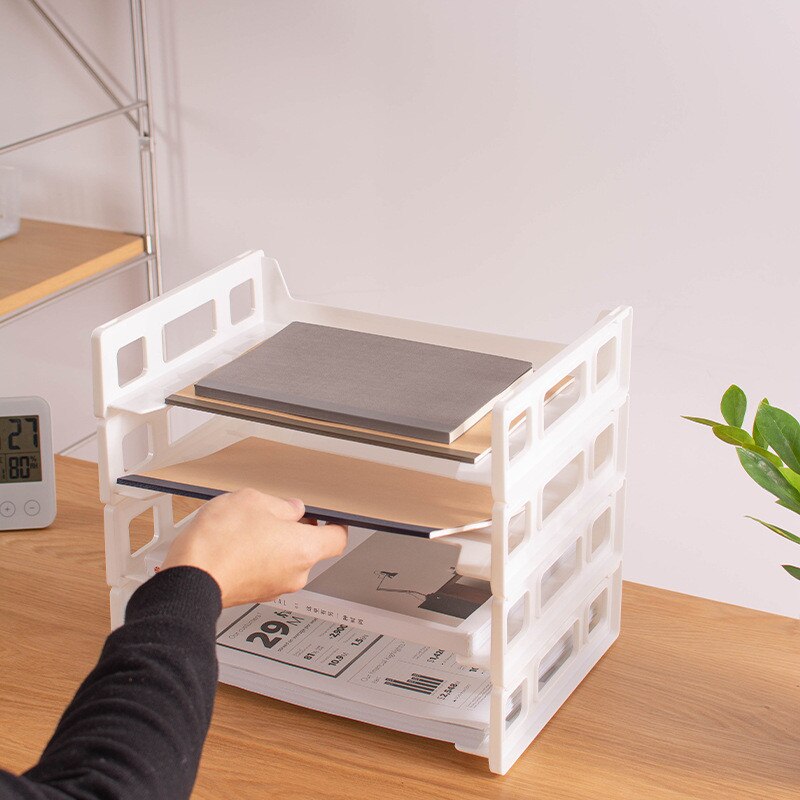 2-Layer Stacked Assemble File Holders Letter Magazine Book Stationery Desktop Storage Shelf for School Company Office Supplies