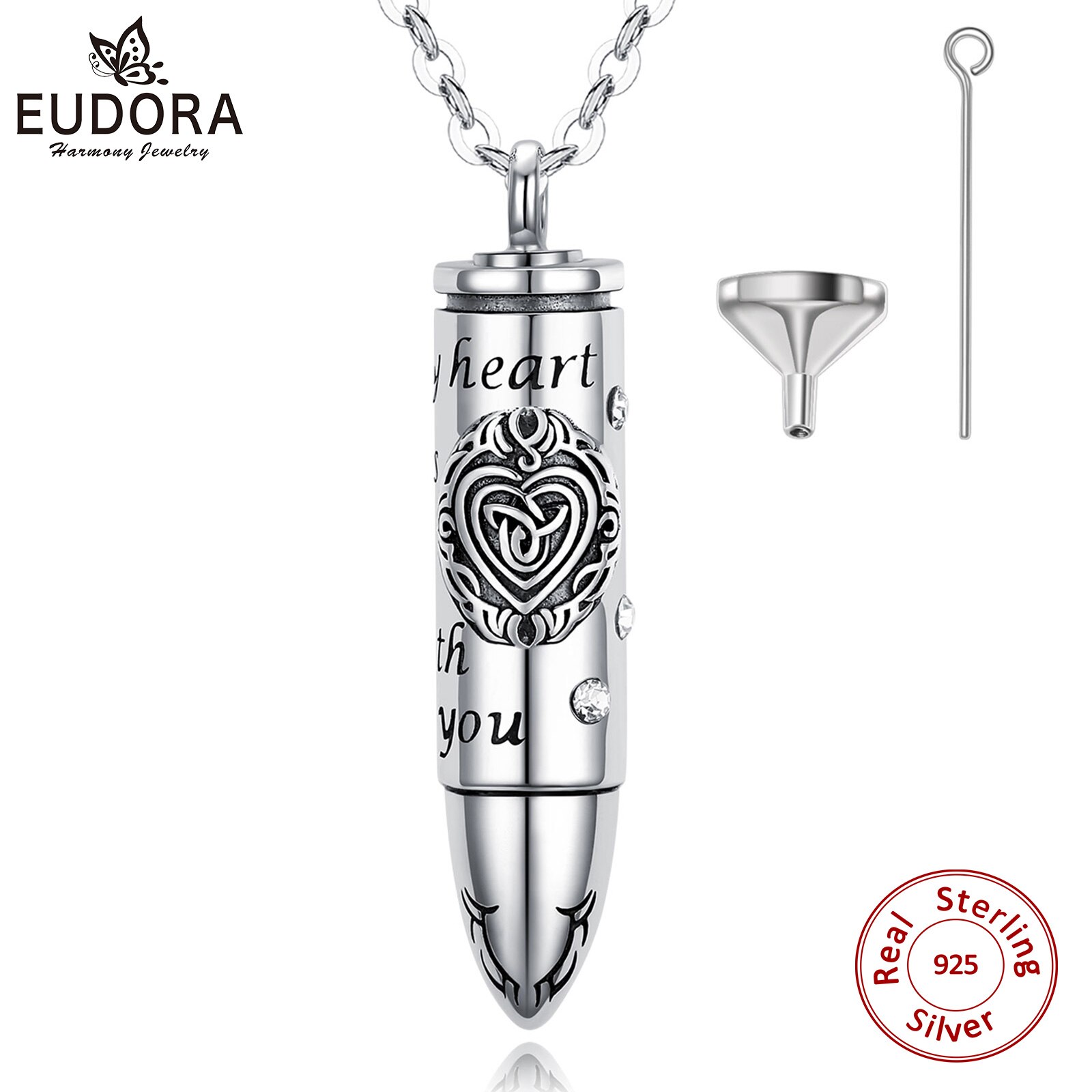 Eudora-colgante de urna de plata de ley 925 auténtica, cápsula de bala, urna de cenizas conmemorativa de cremación, collar, joyería Vintage, G018
