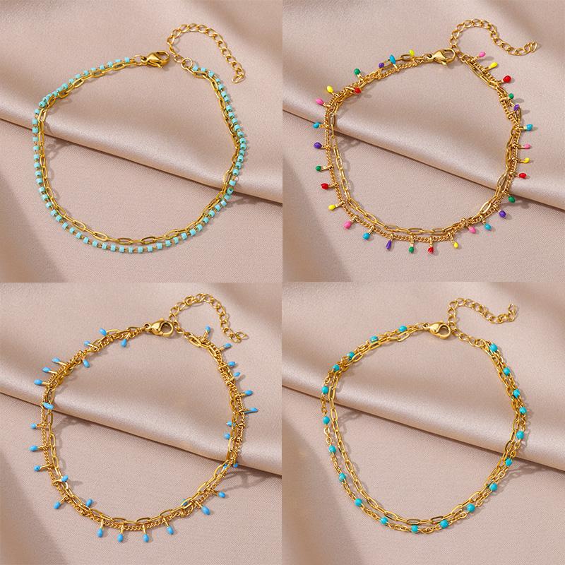Tobilleras para mujer, accesorios de playa de verano, tobillera de cadena de dos capas de acero inoxidable colorida bohemia, pulseras para piernas, joyería de