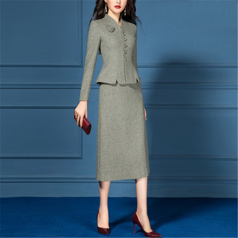 Otoño Invierno lana mujer traje ropa 2 dos piezas conjunto de manga larga Vintage chaqueta vestido Offce trabajo de dama femenina