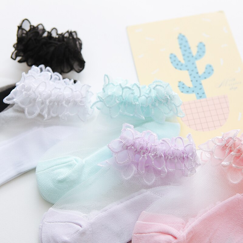 Ankomster vår sommar baby flickor spetsstrumpor ultratunna spetsar osynliga strumpor prinsessa kristall skira strumpor 0-2y