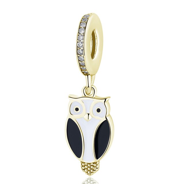 Novo 925 Sterling Silver Bead Rosa Flamingo & Papagaio Colorido Pingente Encantos De Cristal Beads Fit Pulseiras Jóias Originais: owl gold