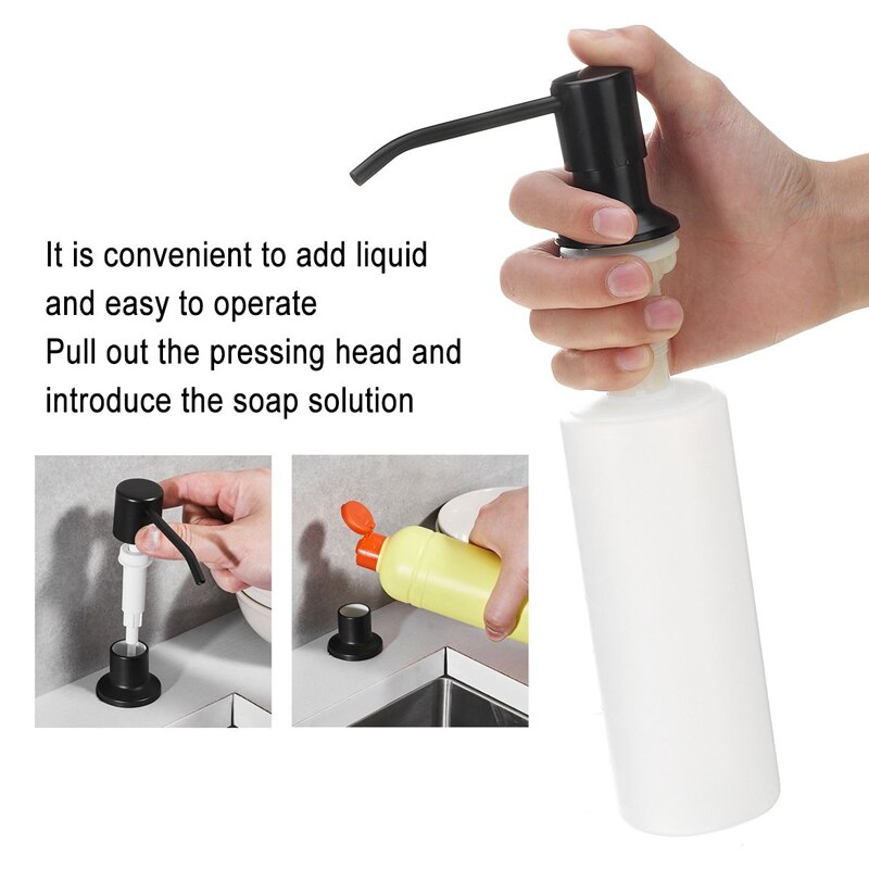 Dispensador de jabón para fregadero de cocina, 300ML, negro, ABS, jabón líquido, loción, cabezal de acero inoxidable
