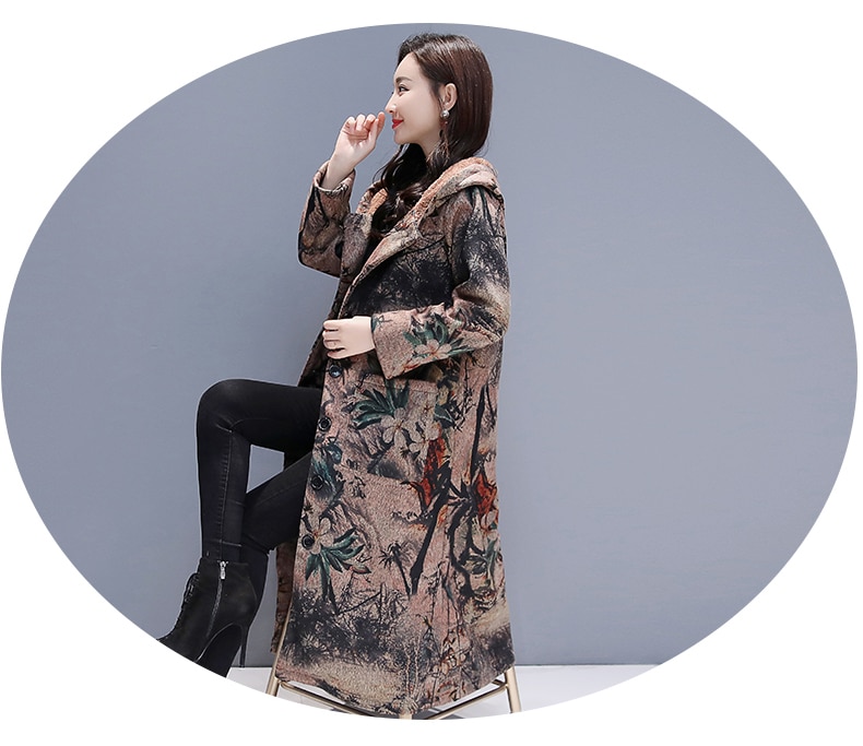 Vinter store størrelse tøj til kvinder langærmet hætte uld frakke trend vintage print frakke tykkere lange damefrakker 2290