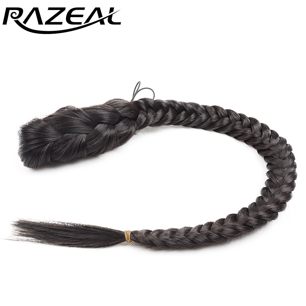 Razeal 20 inches Women's Clip In Braided Synthetic Hair Fishtail Ponytail With Elastic Drawstring Rope Black Color