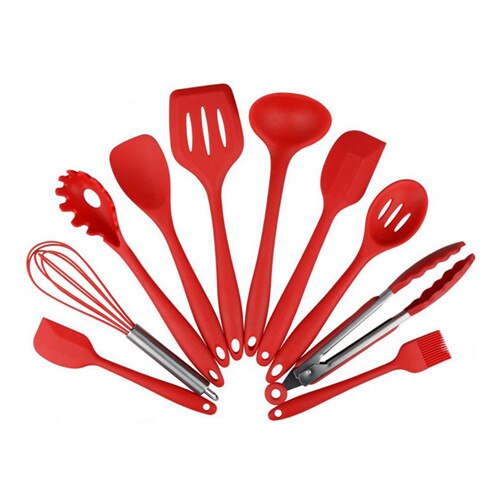 Keuken Siliconen Non-stick Koken Lepel Spatel Pollepel Ei Kloppers Gebruiksvoorwerpen Serviesje Koken Gereedschap Accessoires Benodigdheden: 10PCS Red with Box