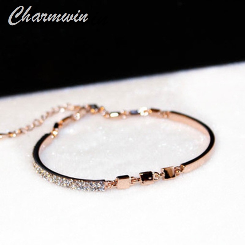 Charmwin enkle manchet armbånd til kvinder mærke rose guld farve rhinestone armbånd armbånd smykker tys 00174