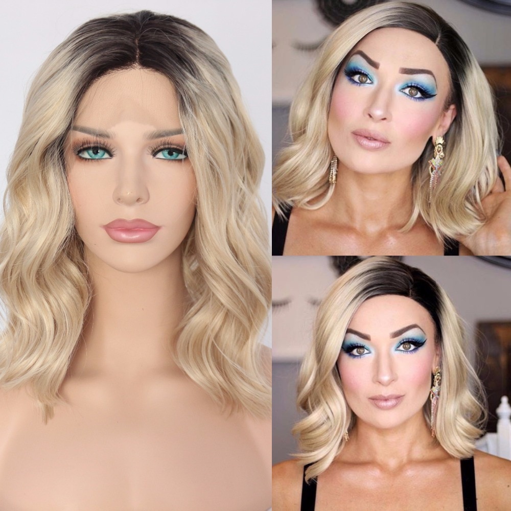 Beautytown kort ombre blond värmetålig handbunden bloggare daglig makeup syntetisk spets front bröllop halloween fest peruk
