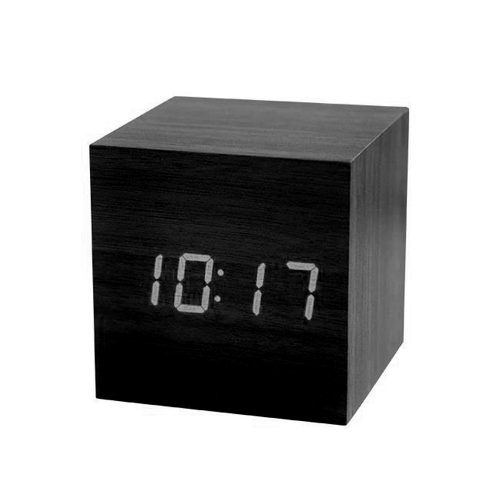 Led Digitale Houten Geluid Controle Vierkante Snooze Functie Usb/Aaa Elektronische Tafel Wekker Duurzaam Retro Glow Klok: Black