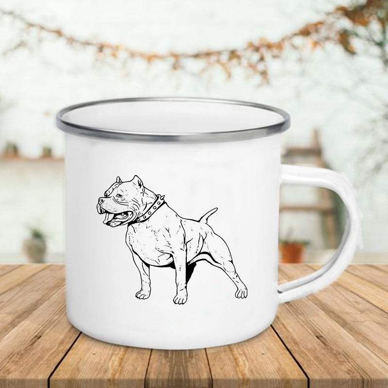 Taza de esmalte con estampado de Bulldog, tazas creativas para café, té, desayuno, leche, Camping, con asa, para amantes de los perros: XH2213-A015WH-8