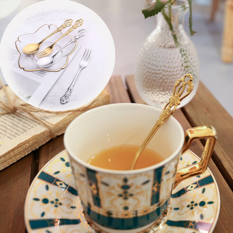 1 Pc European Royal Dessert Spoon Retro Hollow Cake Fruit Fork Embossed Craft Spoon Golden European Stainless Steel Coffee Spoon