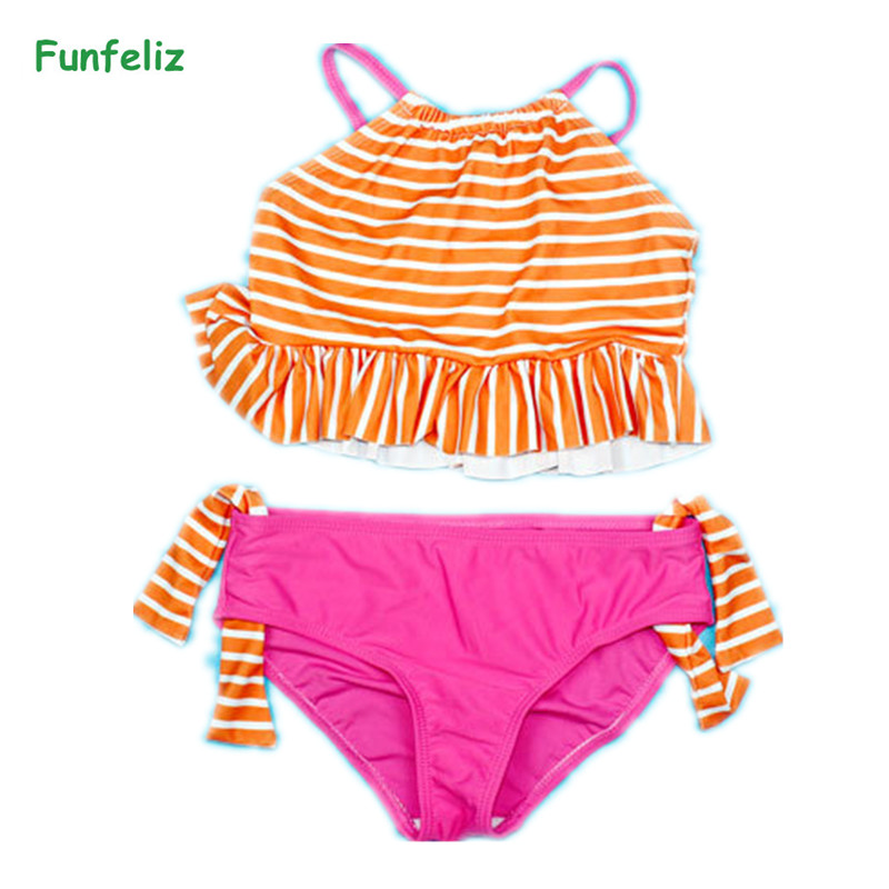 Funfeliz Children Swimwear Striped Two Pieces Swimsuit for Girls Double Lined 4T-12T Kids Bather Girl swimming suit Bikini Set