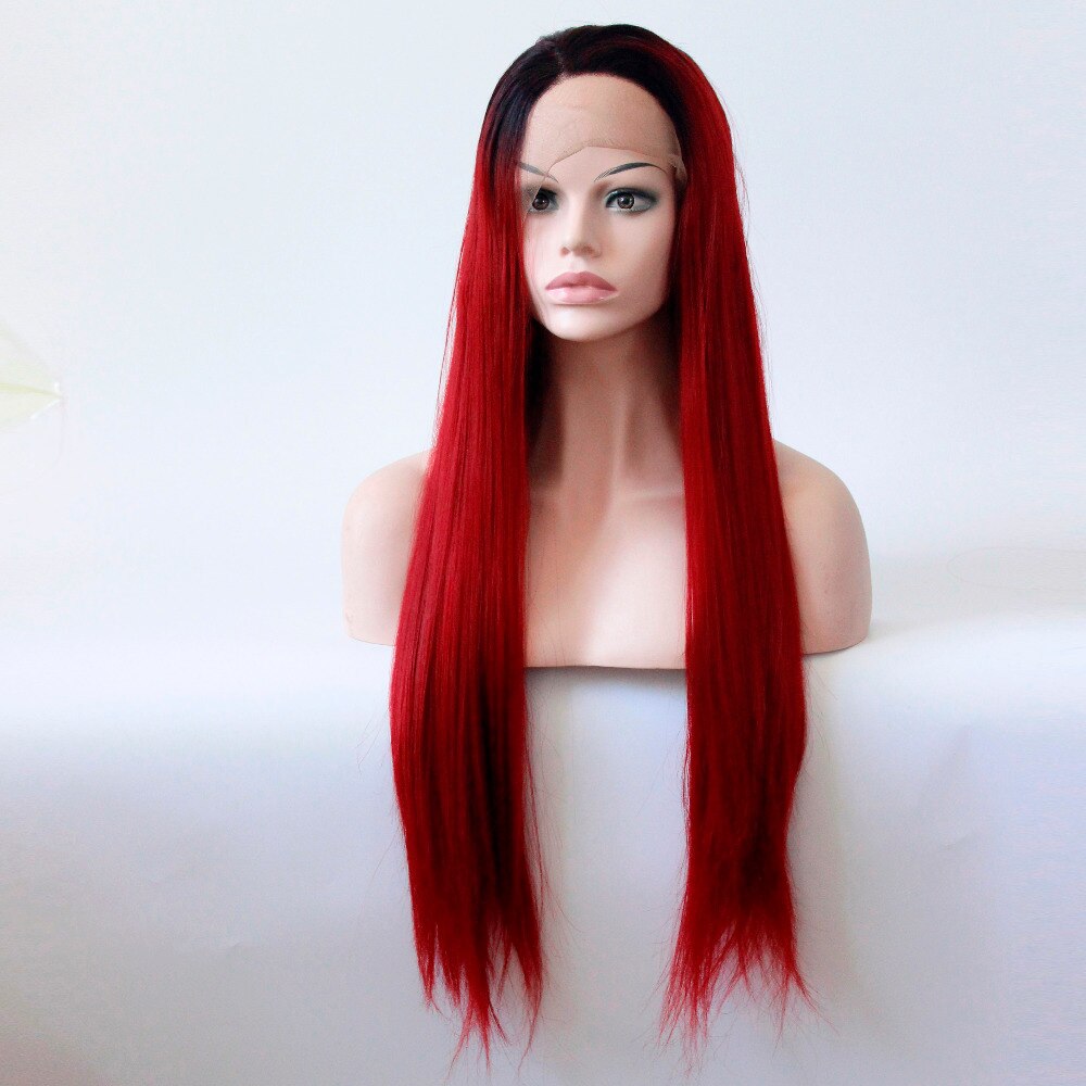 V'NICE-pelucas con encaje frontal sintético para mujer, pelo largo y recto, fibra sintética de alta temperatura, color negro a rojo vino