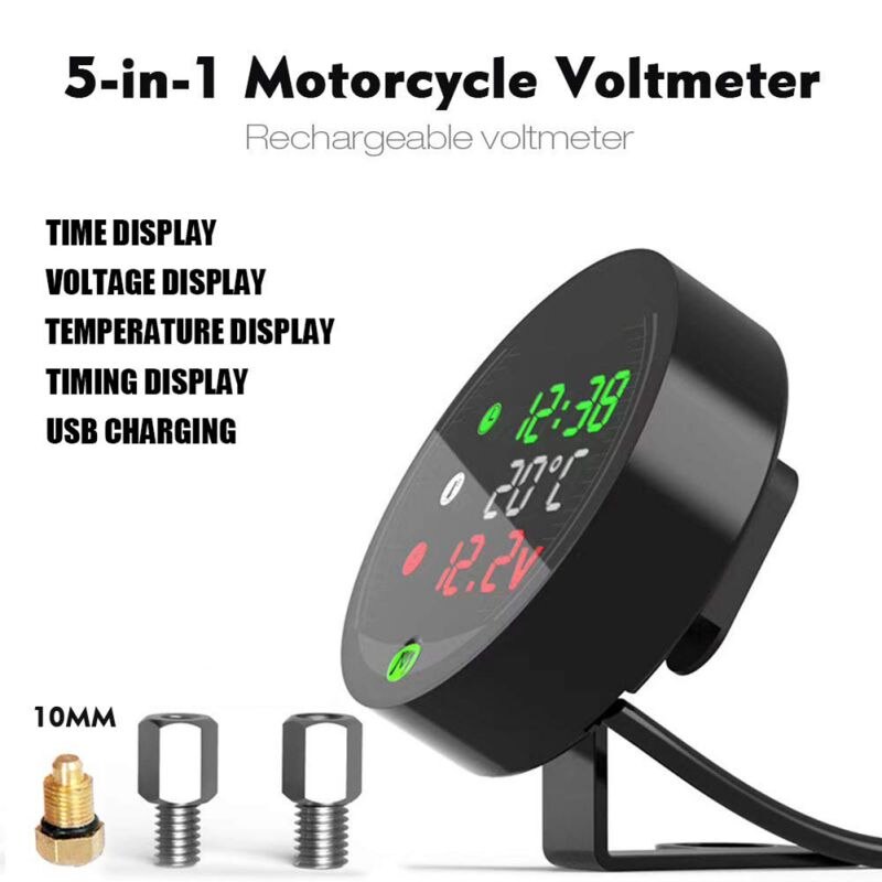 Motorcycle Modified Water Temperature Meter Time Voltmeter 12V Chronometer USB Phone Charging 5-in-1 Waterproof Digital Display