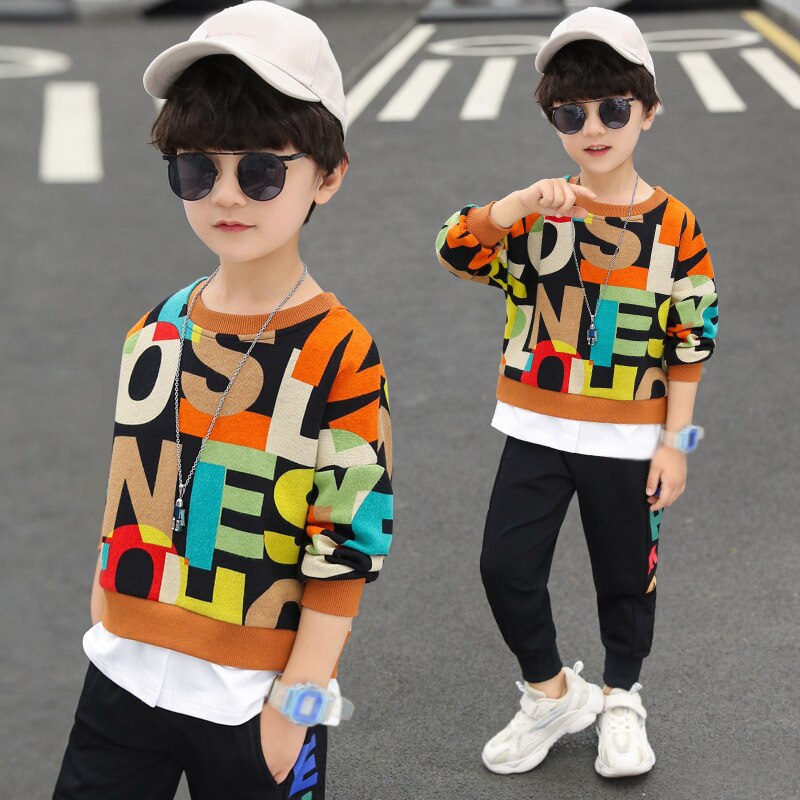 Spring Autumn Boys Clothing Set Casual Hip-hop Letter Colorful Long Sleeve T-Shirt + Pants 2Pcs Suit Performance Kids Clothes: MX799 orange / 8