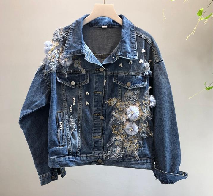 Frühling Herbst Jeans Jacke Mantel Frau Neue Heavy Stereo Rosa Blume Bestickt Loch Denim Jacken Frauen Basic Mäntel