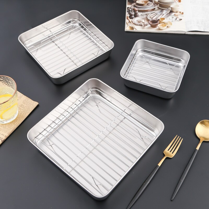 Square Stainless Steel Baking Pan with Grid Plate Bakeware BBQ Tools Chicken Roaster Rack Home Kitchen Cooking Baking Tray Dish