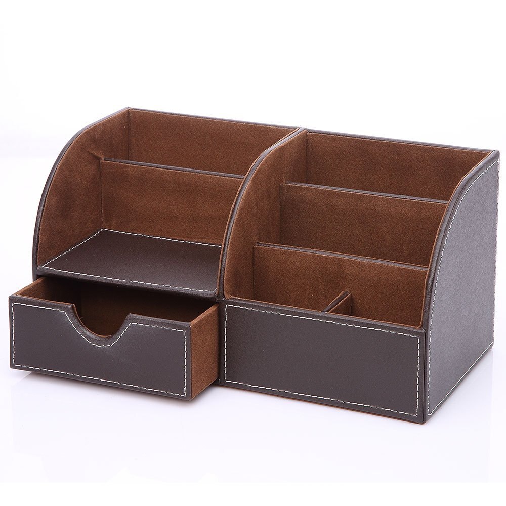 7 Storage Compartments Multifunctional PU Leather Office Desk Organizer,Business Card/Pen/Pencil/Mobile Phone /Remote Control: Brown