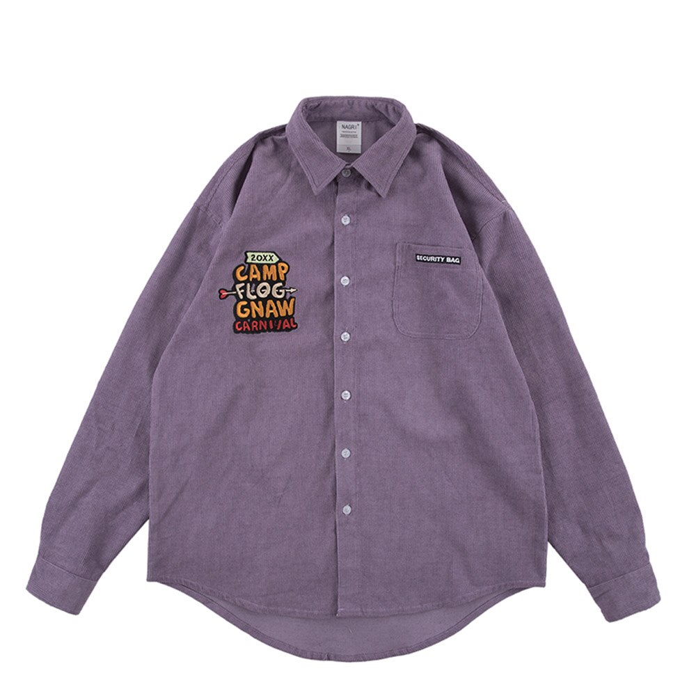 Camisa lisa de manga larga para hombre, Bordado de letras de pana Vintage Preppy de gran tamaño, camisas informales de algodón de estilo coreano: Purple / M